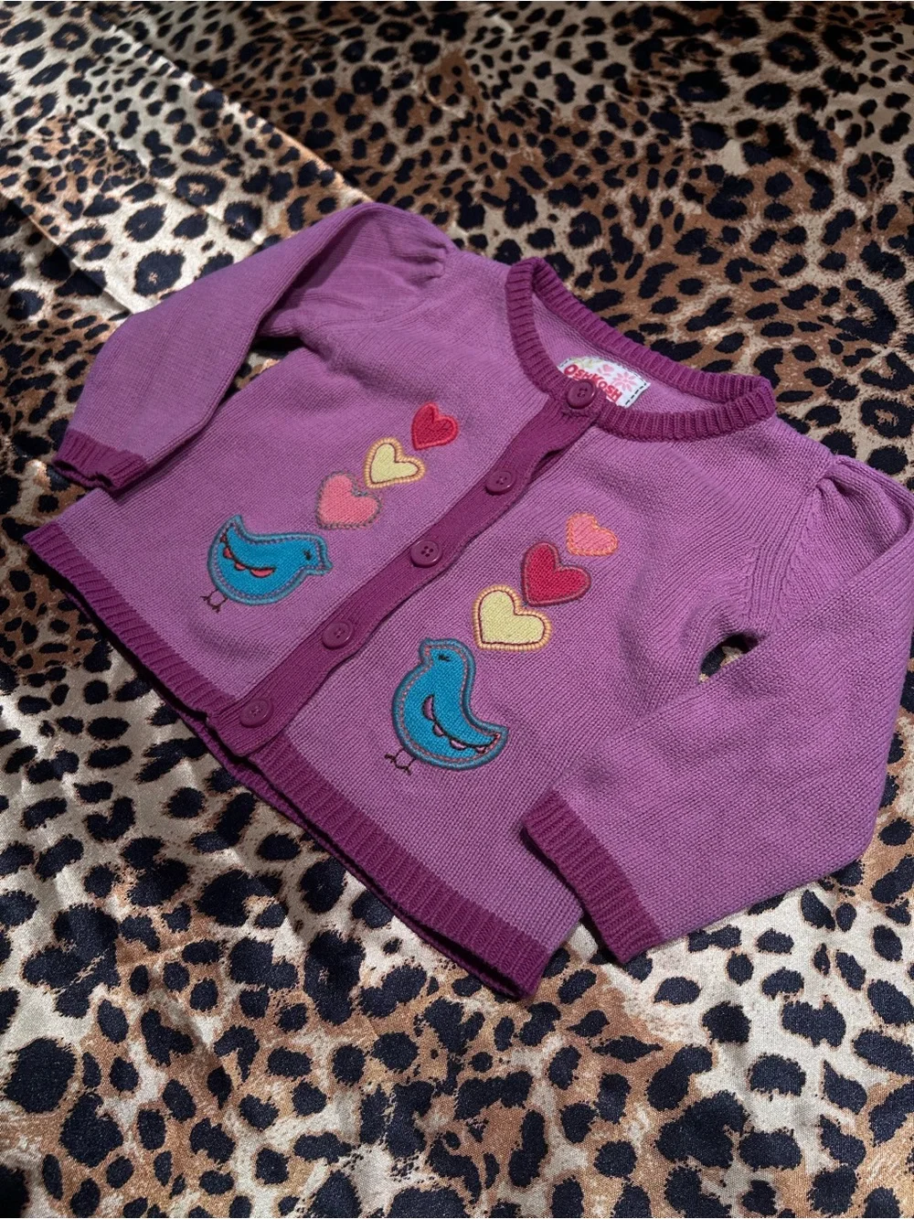 Y2K OshKosh B’Gosh Purple Cardigan with Hearts & Birds